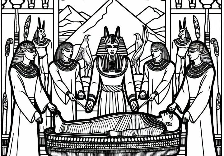 Mumifiseringsscene med prester og statue av Anubis - Malt bilde til egyptisk mytologi