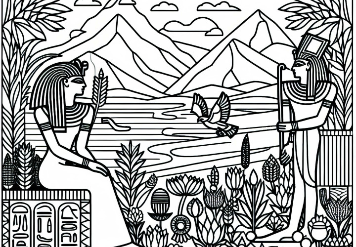 Nil cu câmpuri fertile pe maluri - Imagine de colorat mitologie egipteană gratuit