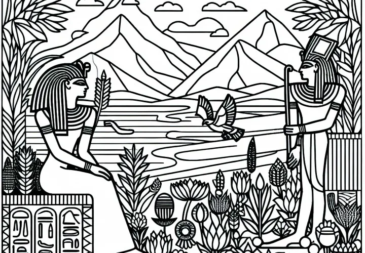 Nil med fruktbare felt ved breddene – Utskriftsvennlig fargeleggingsbildet egyptisk mytologi gratis