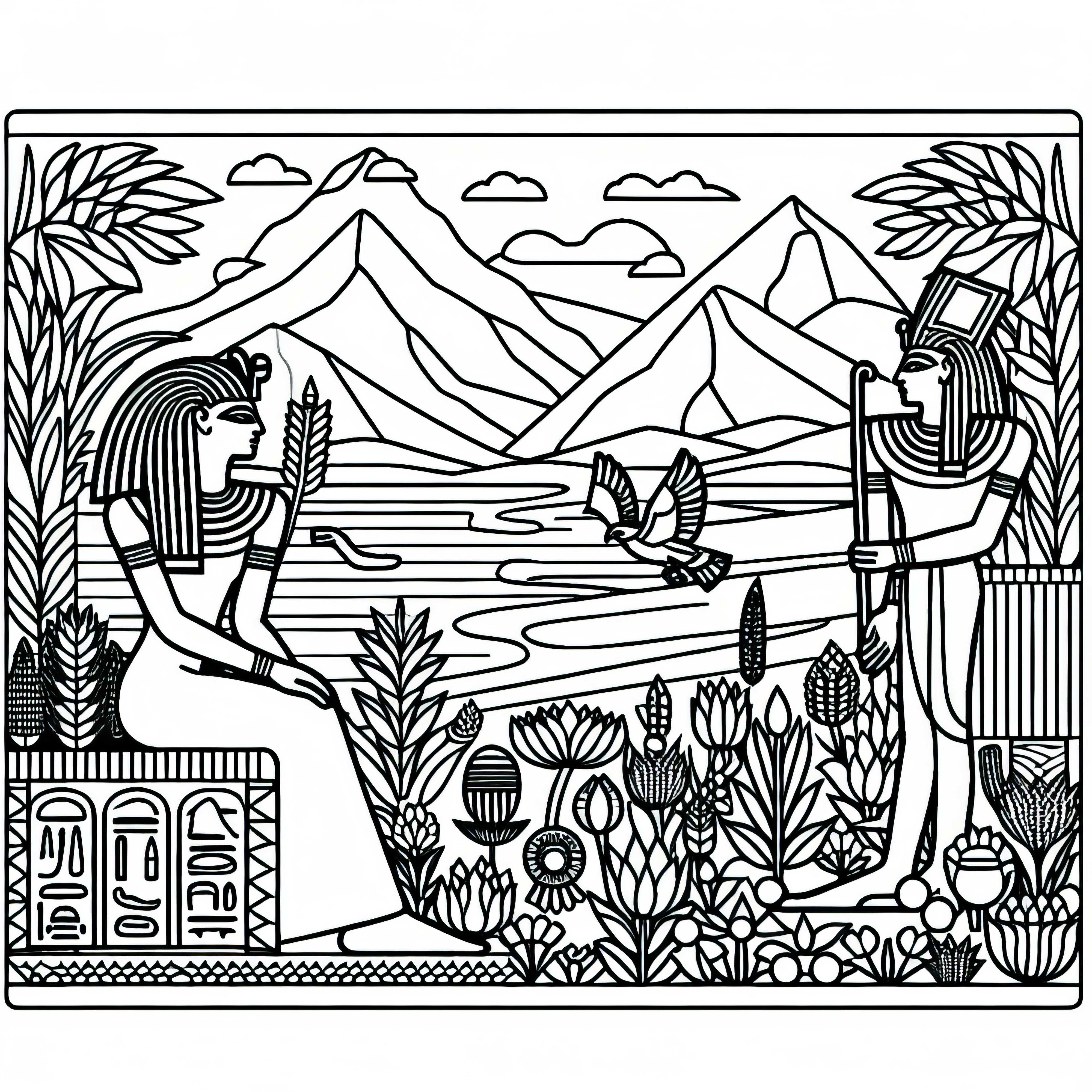 Nil cu câmpii fertile pe țărmuri – Imagine de colorat mitologie egipteană gratuit Nil cu câmpii fertile pe maluri – imagine de colorat mitologie egipteană gratuit