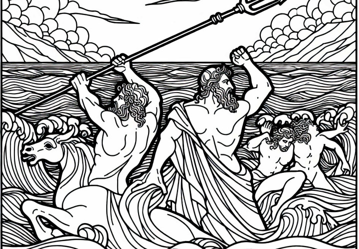 Poséidon avec trident - Modèle à colorier sur la mythologie grecque Gratuit