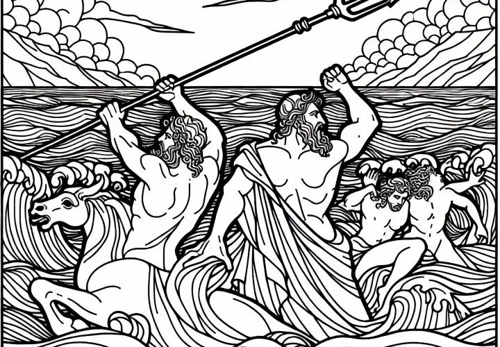 ПPoseidon с трезубцем – раскраска по греческой мифологии бесплатно