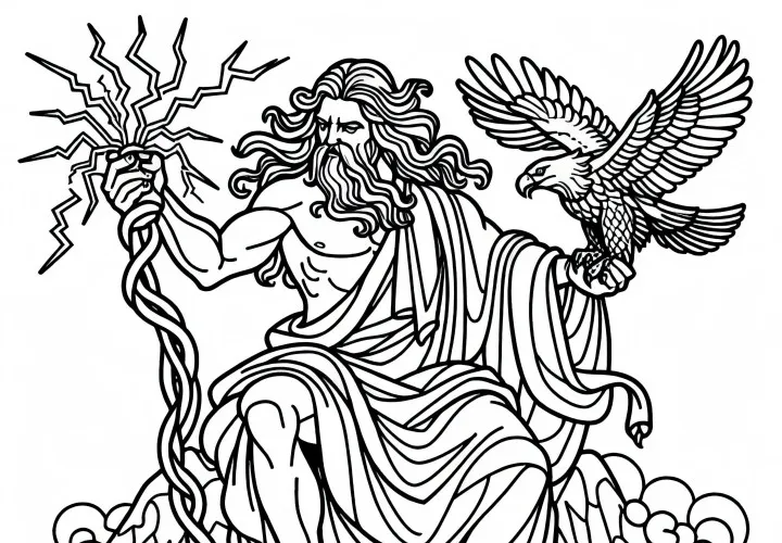 Зевс с молнией и орлом на Олимпе – раскраска по греческой мифологии бесплатно