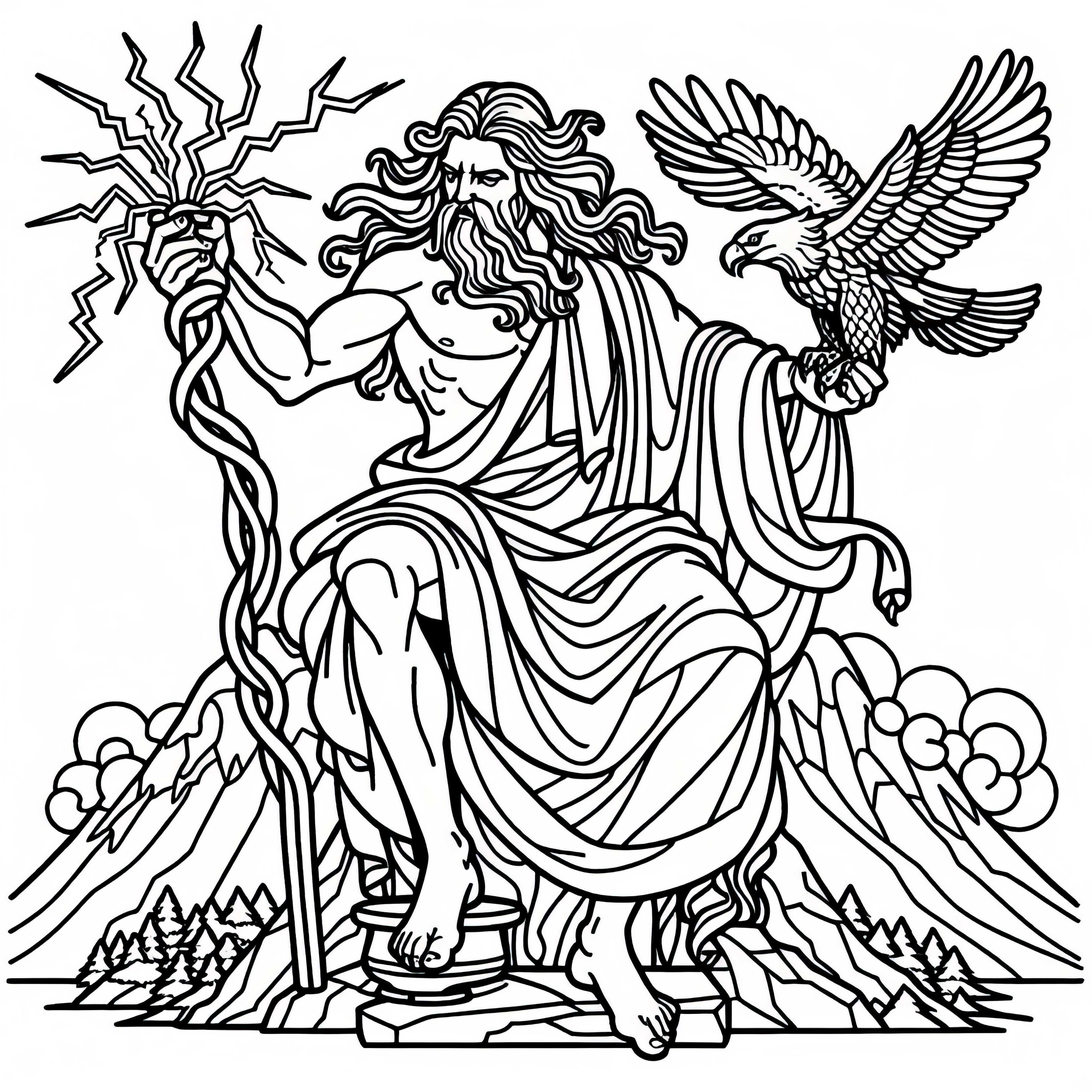 Zeus avec un faisceau de foudre et un aigle sur l'Olympe - modèle de coloriage mythologie grecque gratuit Zeus avec bouquet de foudres et aigle sur l'Olympe - coloriage mythologie grecque gratuit
