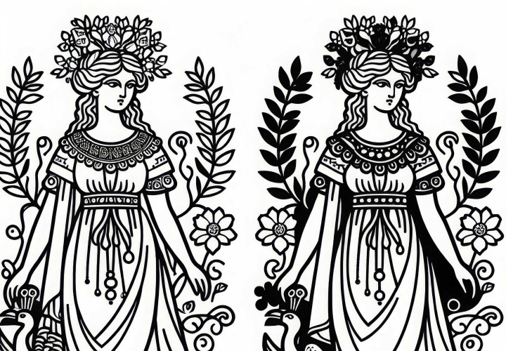 Héra avec paon et couronne en tant que protectrice du mariage – Image à colorier mythologie grecque gratuite