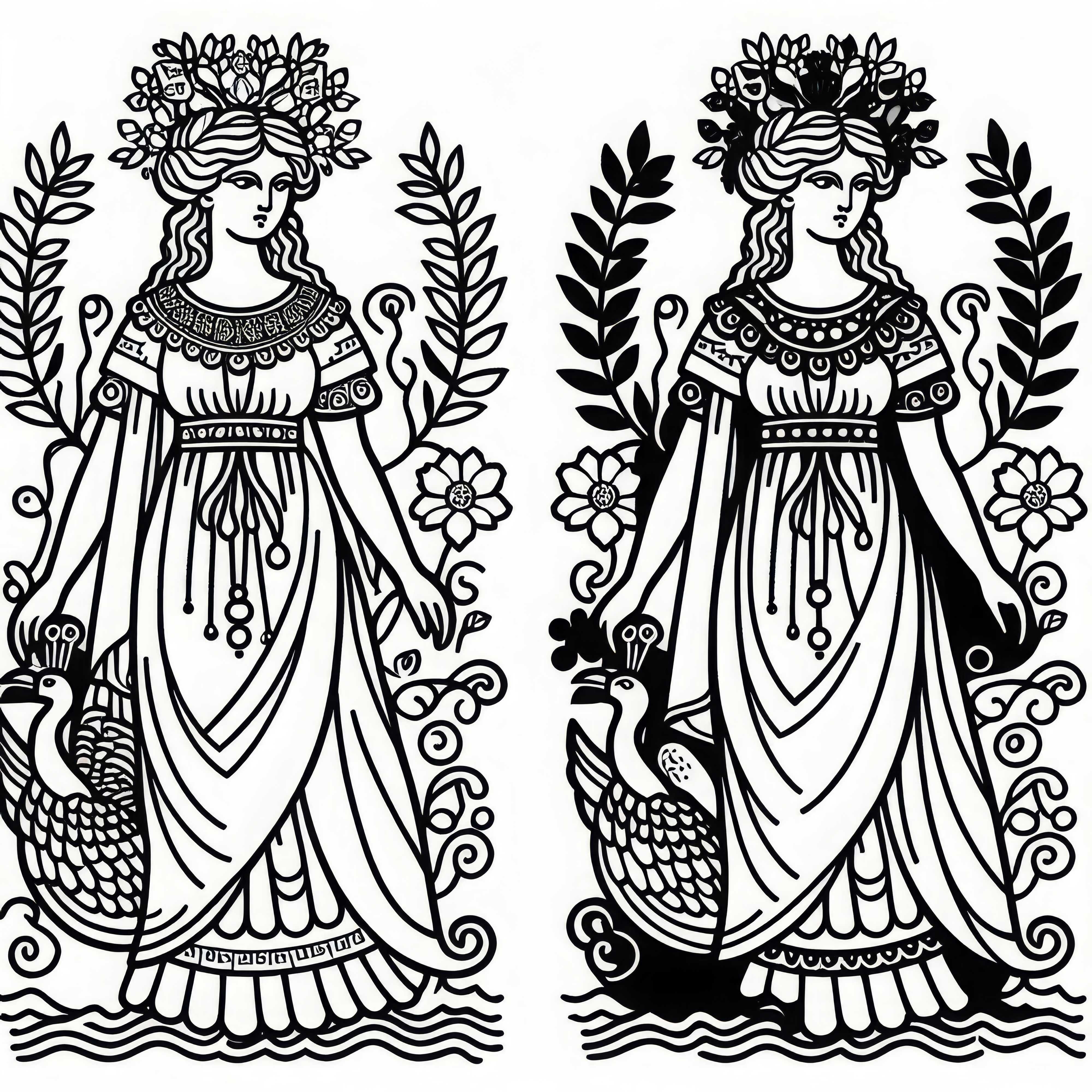 Héra avec un paon et une couronne en tant que protectrice du mariage – Dessin à colorier mythologie grecque gratuit Héra avec un paon et une couronne en tant que protectrice du mariage - Image à colorier mythologie grecque gratuite