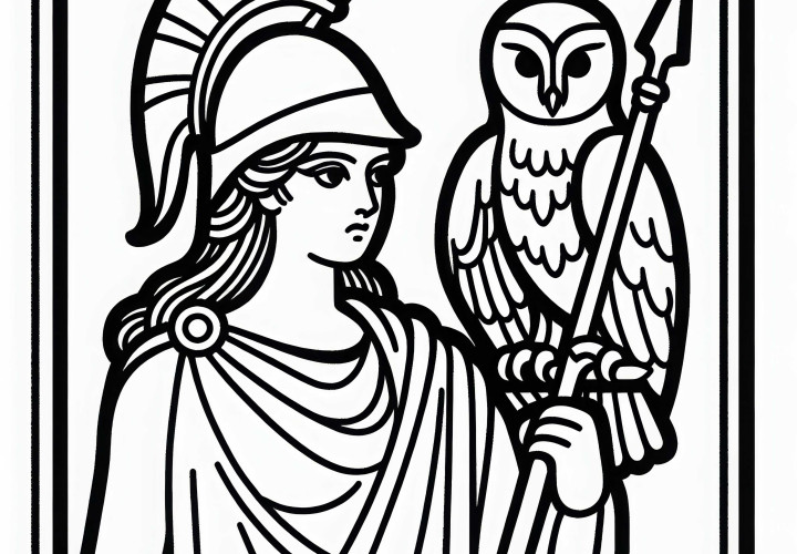 Athena avec casque, lance et hibou – Image à colorier sur la mythologie grecque