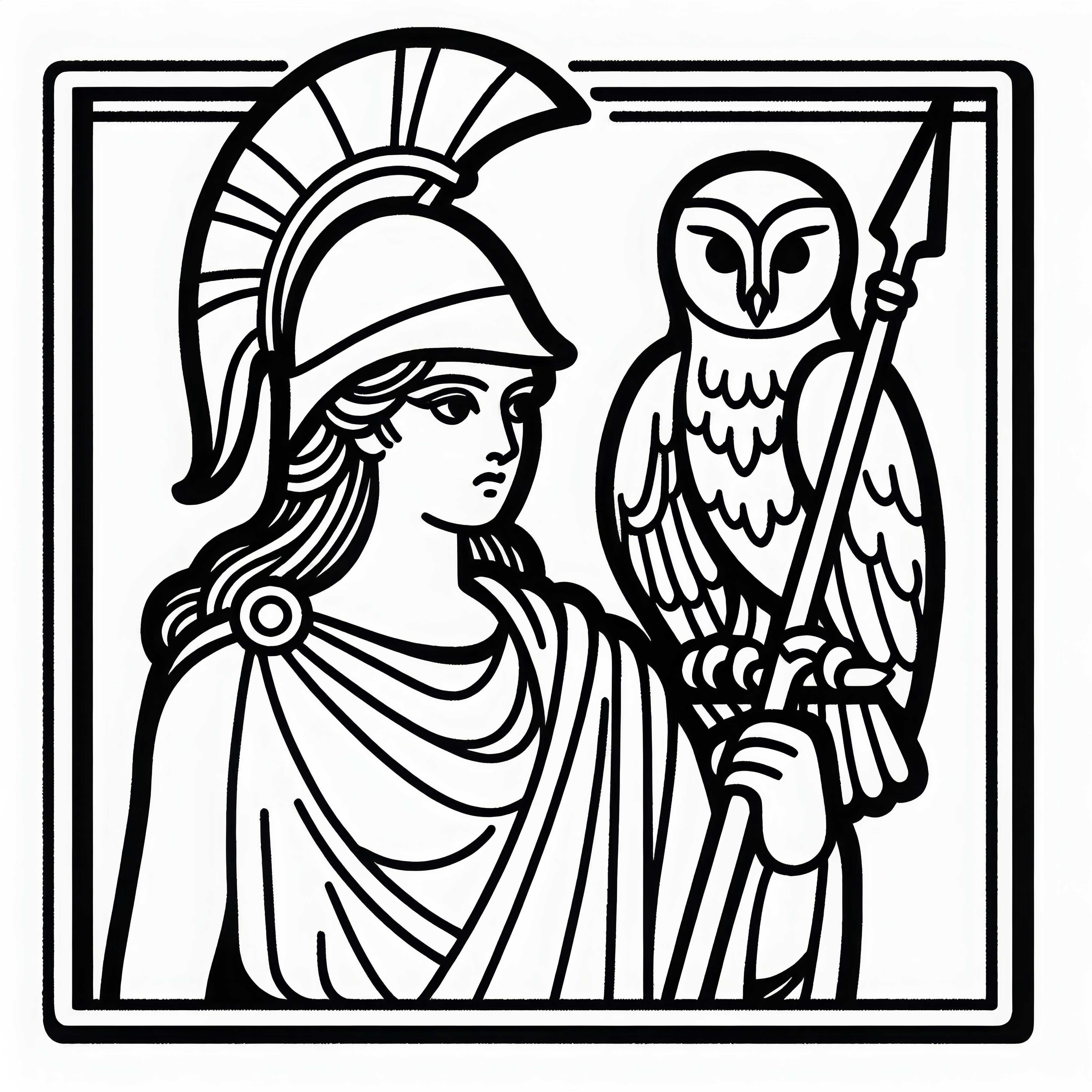 Athena avec casque, lance et hibou – Image à colorier de la mythologie grecque Athena avec un casque, une lance et un hibou – Dessin à colorier sur la mythologie grecque