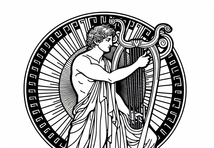 Apollo avec Lyre et disque solaire - Image à colorier pour la mythologie grecque