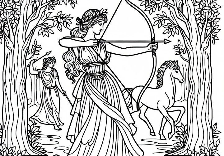 Artemis avec arc et flèches dans la forêt - Dessin à colorier de la mythologie grecque