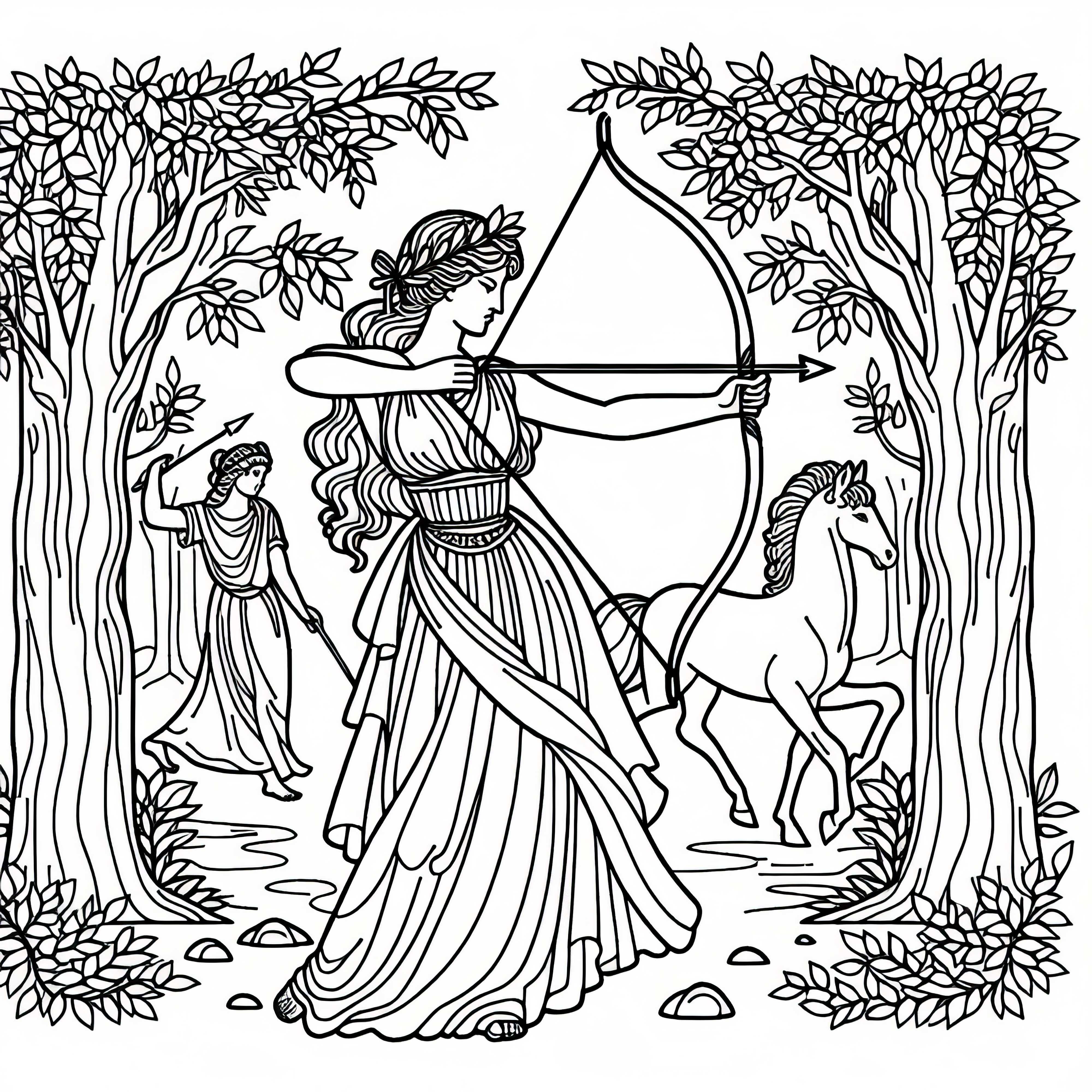 Artémis avec un arc et des flèches dans la forêt – Image à colorier de la mythologie grecque Artémis avec un arc et des flèches dans la forêt - Dessin à colorier de la mythologie grecque