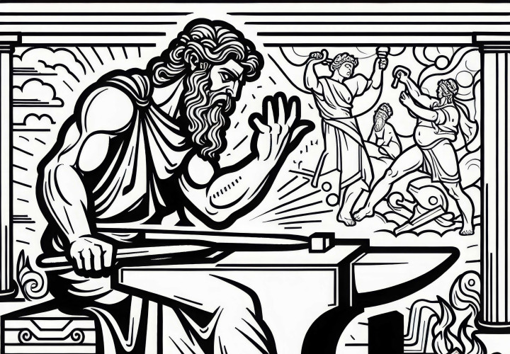 Héphaïstos dans la forge avec l'enclume - Image à colorier sur la mythologie grecque