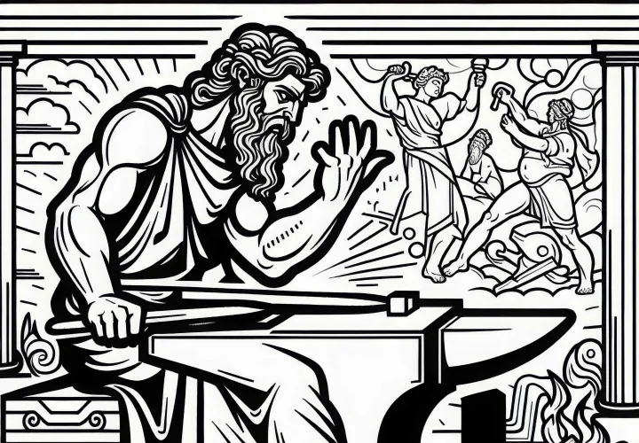 Гефест в кузнице с наковальней – раскраска по мотивам греческой мифологии