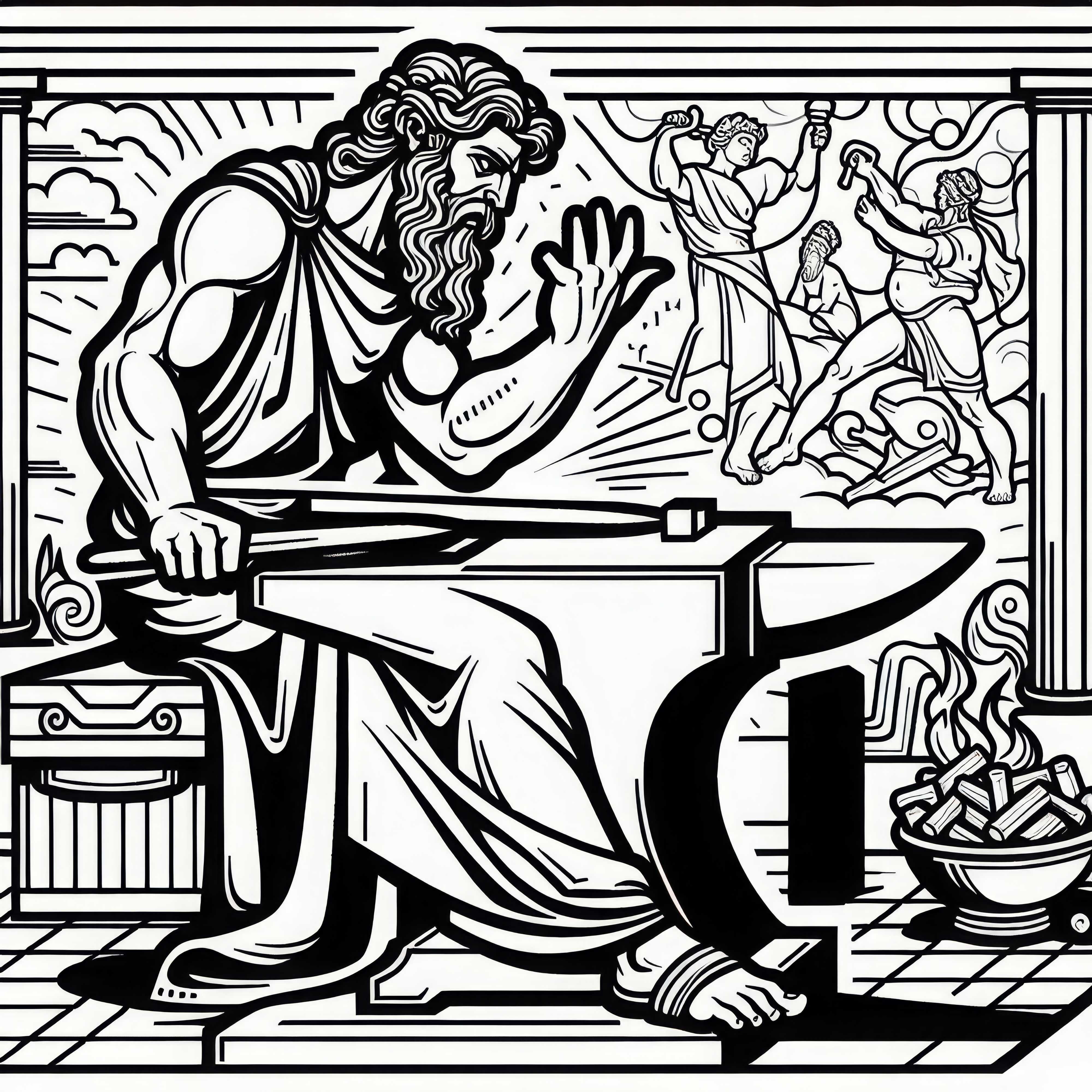 Héphaïstos dans la forge avec l'enclume – Dessin à colorier sur la mythologie grecque Héphaïstos dans la forge avec l'enclume - Image à colorier sur la mythologie grecque