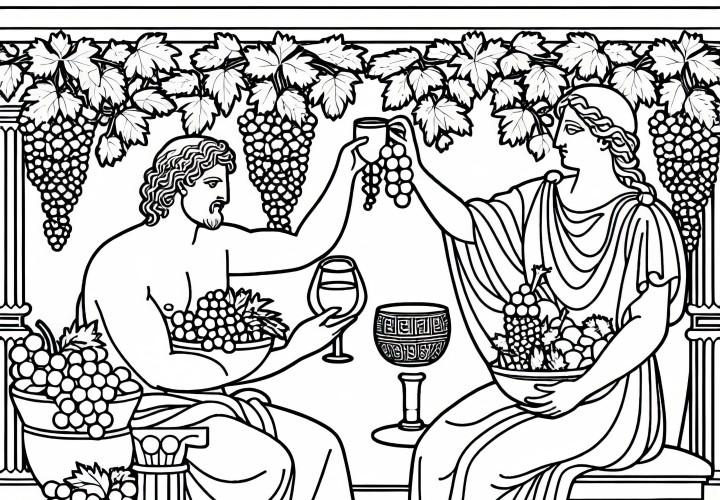 Dionysos avec des raisins et une coupe - modèle de coloriage sur la mythologie grecque