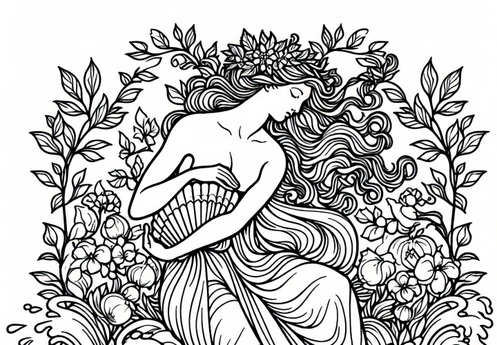 Aphrodite – Née des vagues avec une coquille – Modèle à colorier Mythologie Grecque Gratuit