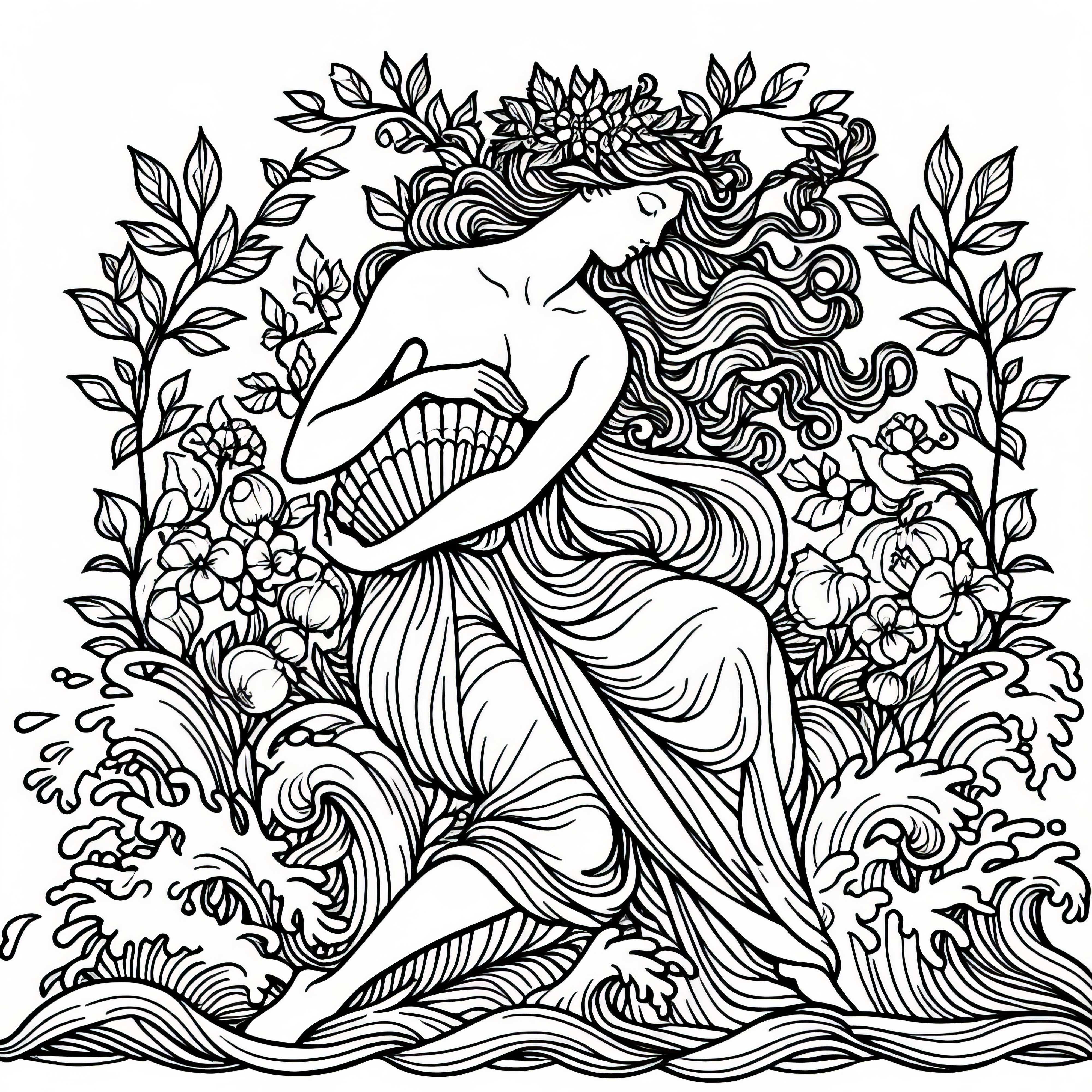 Aphrodite – Née des vagues dans une coquille – Page à colorier Mythologie grecque Gratuite Aphrodite - Née des vagues avec une coquille - Page à colorier Mythologie grecque gratuite