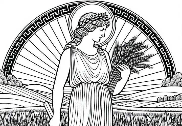 Деметра с колосьями в зерновом поле – раскраска по греческой мифологии бесплатно