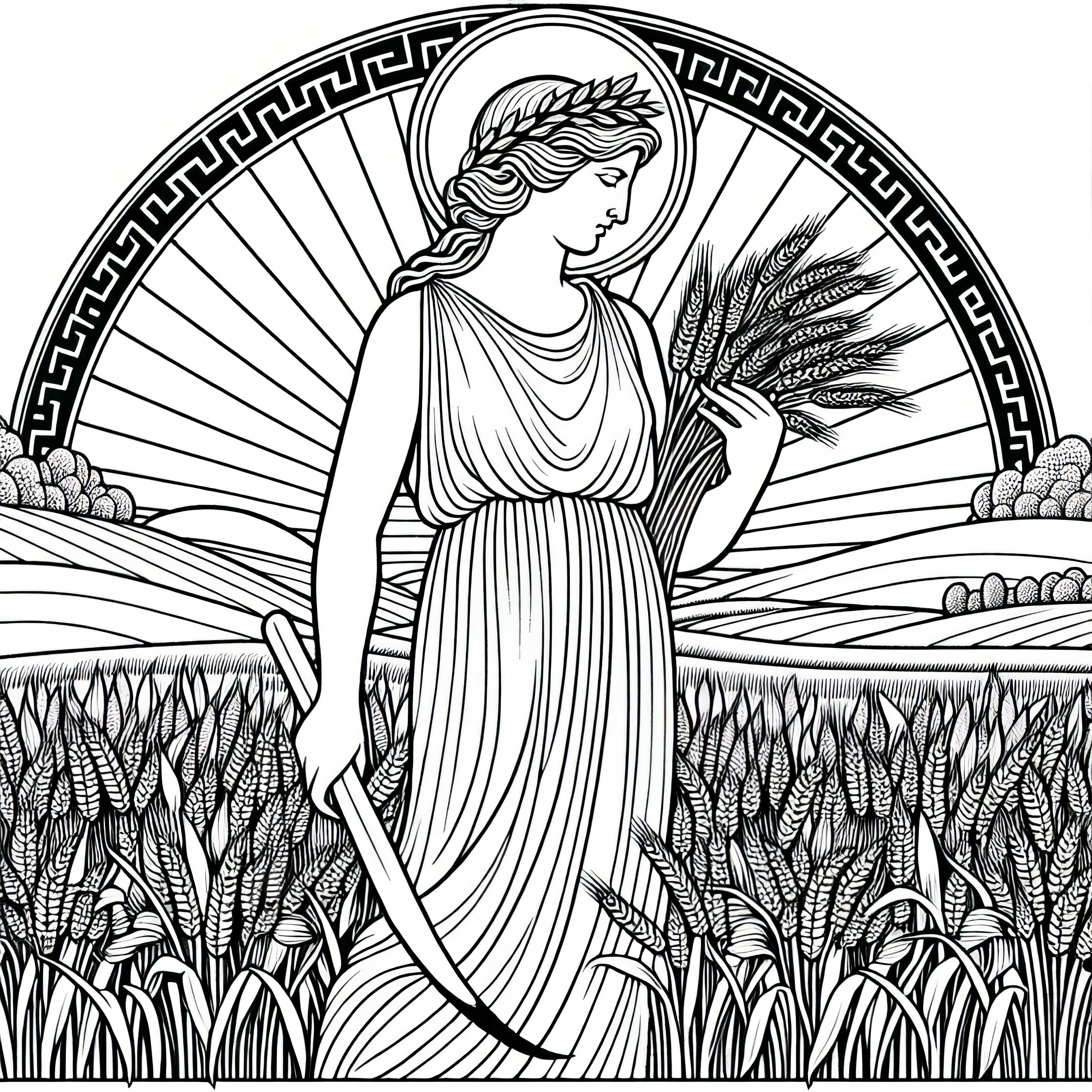Demeter mit Ähren im Kornfeld – Ausmalbild zur griechischen Mythologie kostenlos