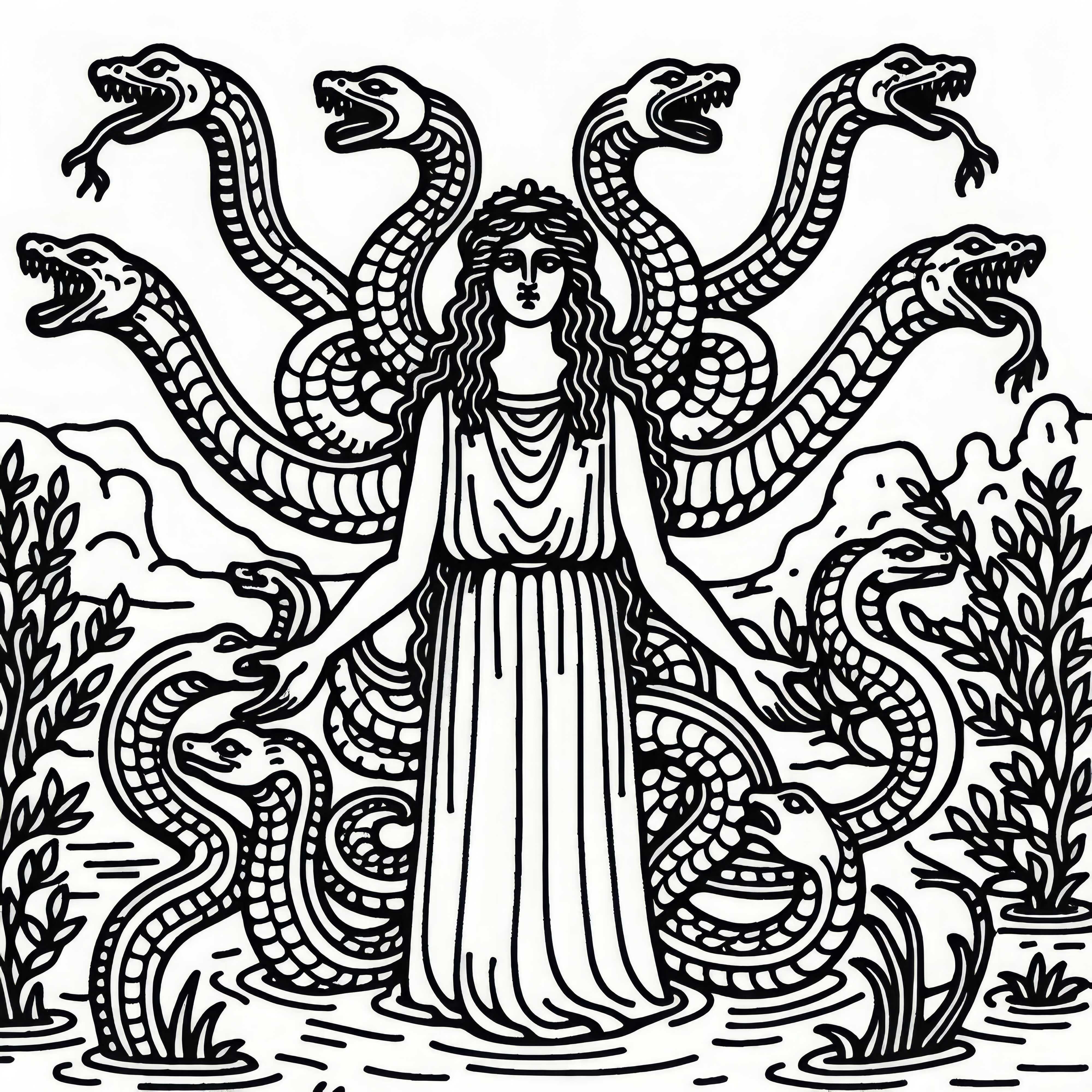 Hydre à plusieurs têtes dans un marécage - Image à colorier sur la mythologie grecque gratuite Hydre à plusieurs têtes dans un marais - Image à colorier sur la mythologie grecque gratuite