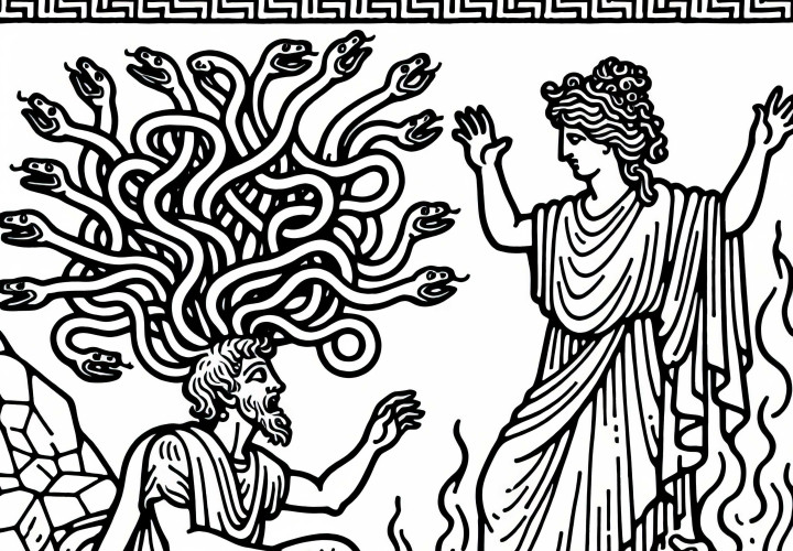 Méduse avec des cheveux de serpents et une victime pétrifiée - Modèle à colorier sur la mythologie grecque