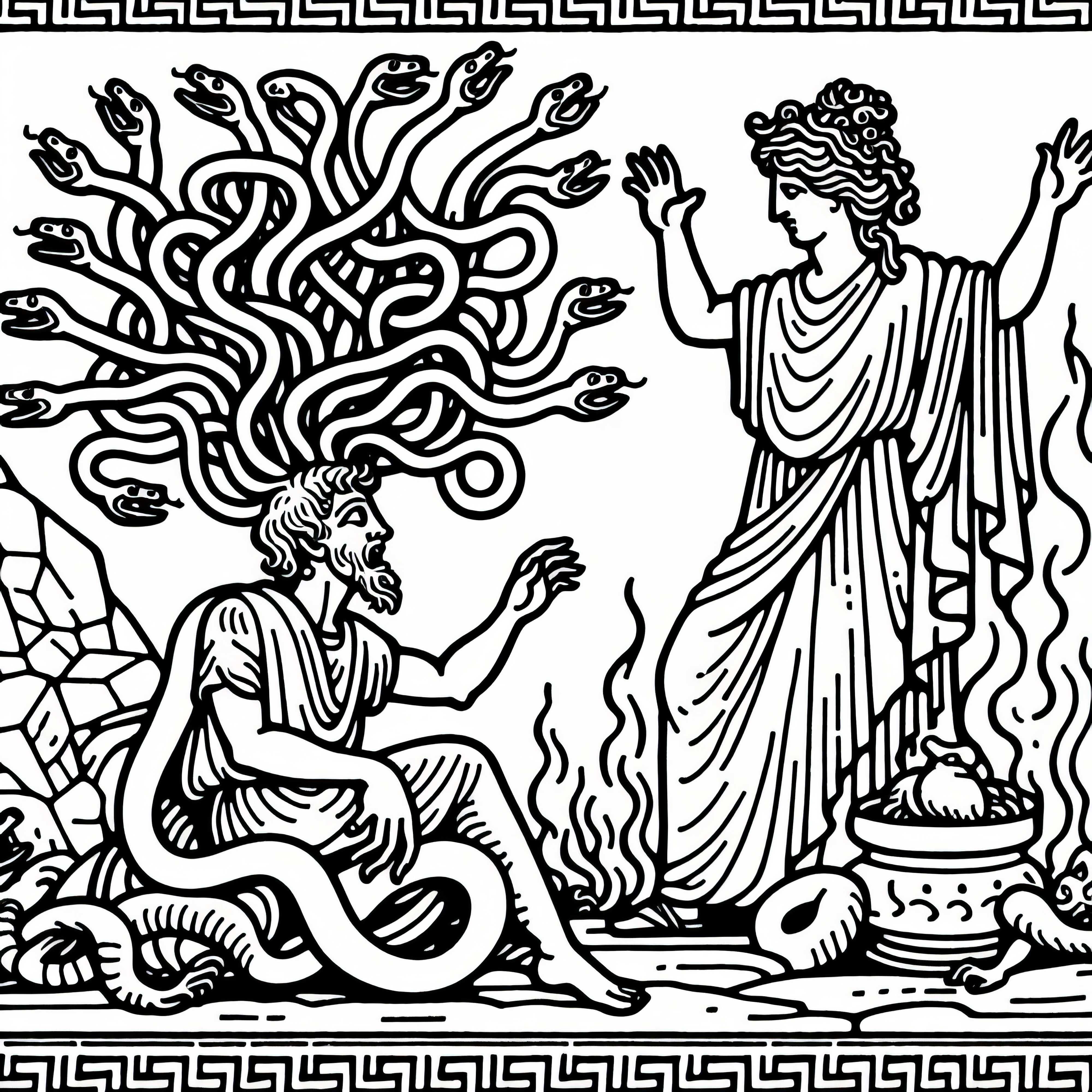 Méduse avec des cheveux de serpents et une victime pétrifiée – Dessin à colorier sur la mythologie grecque Méduse avec des cheveux de serpents et une victime pétrifiée – modèle de coloriage sur la mythologie grecque