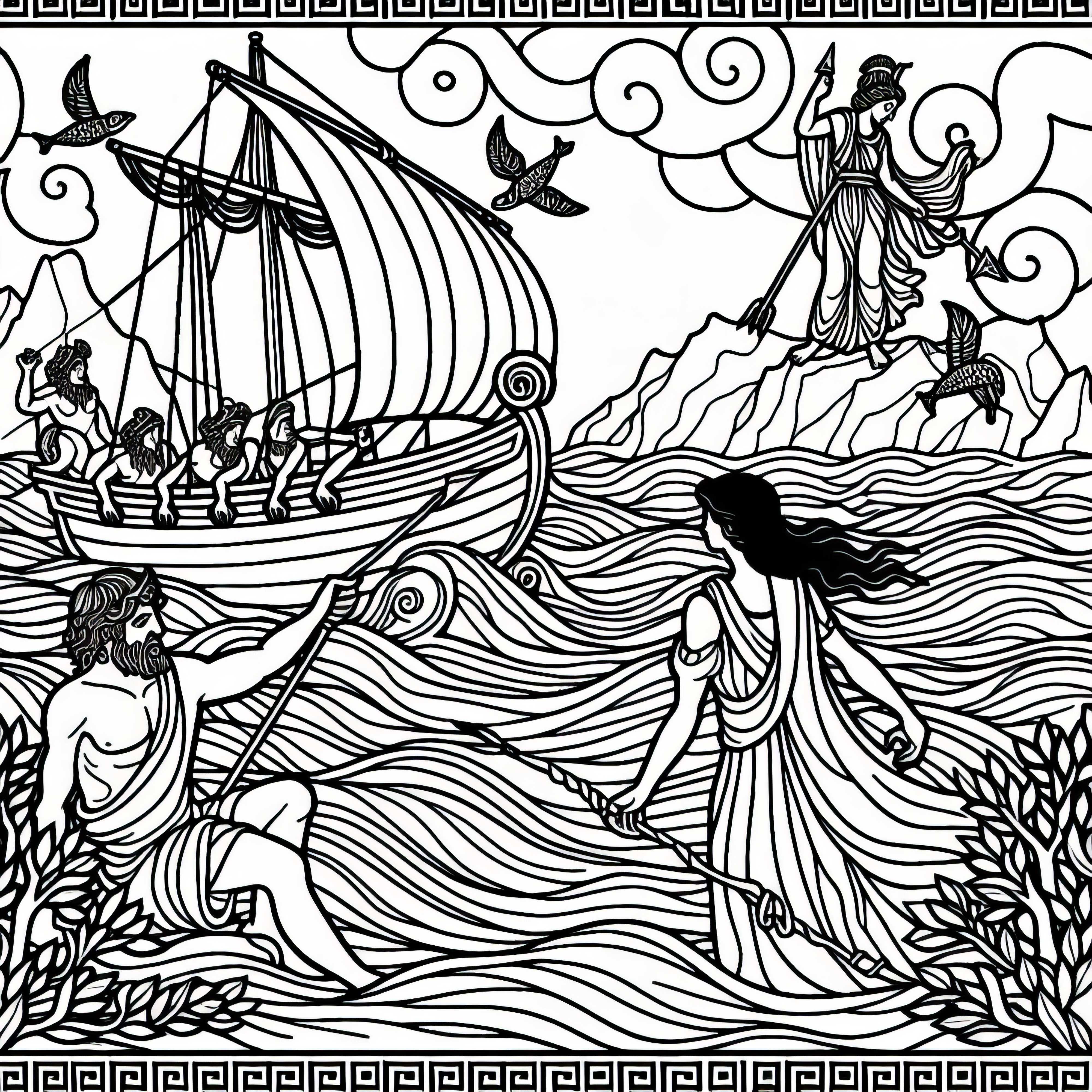 Ulysse trompe les sirènes sur son navire - Dessin à colorier mythologie grecque gratuit Ulysse trompe les Sirènes sur son navire – Dessin à colorier mythologie grecque gratuit