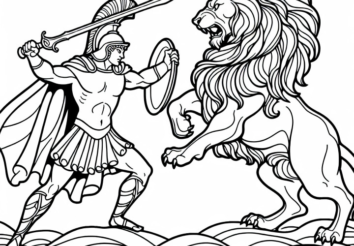 Héraclès tuant le lion de Némée - Image à colorier sur la mythologie grecque