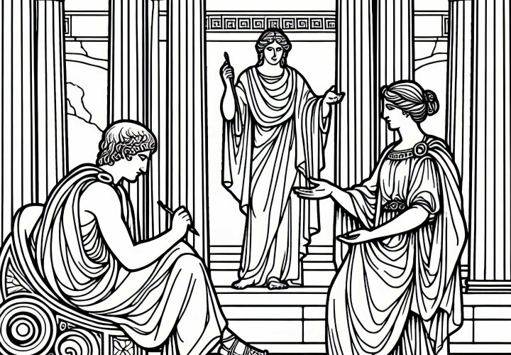 Temple de Delphes avec la prêtresse de l'oracle – Image à colorier sur la mythologie grecque gratuite