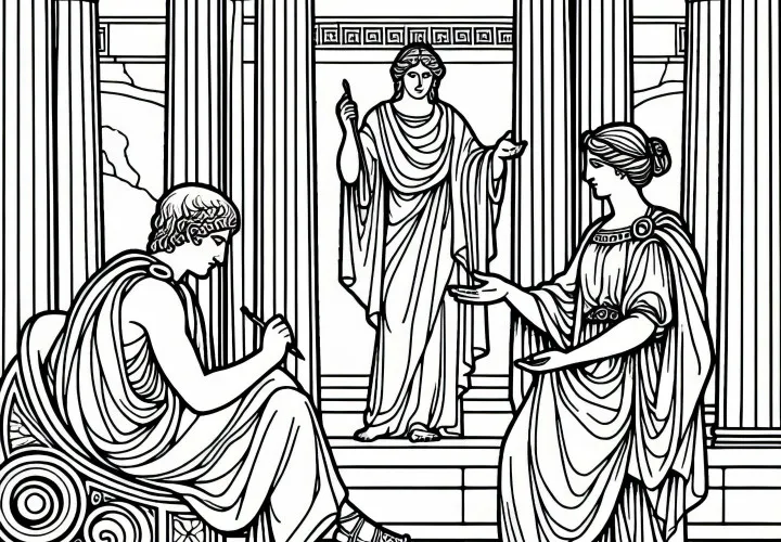 Храм Дельфийский с жрицей Оракула – раскраска по греческой мифологии бесплатно