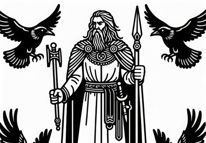 Odín con la lanza Gungnir y los cuervos Hugin y Munin – Imagen para colorear sobre la mitología nórdica
