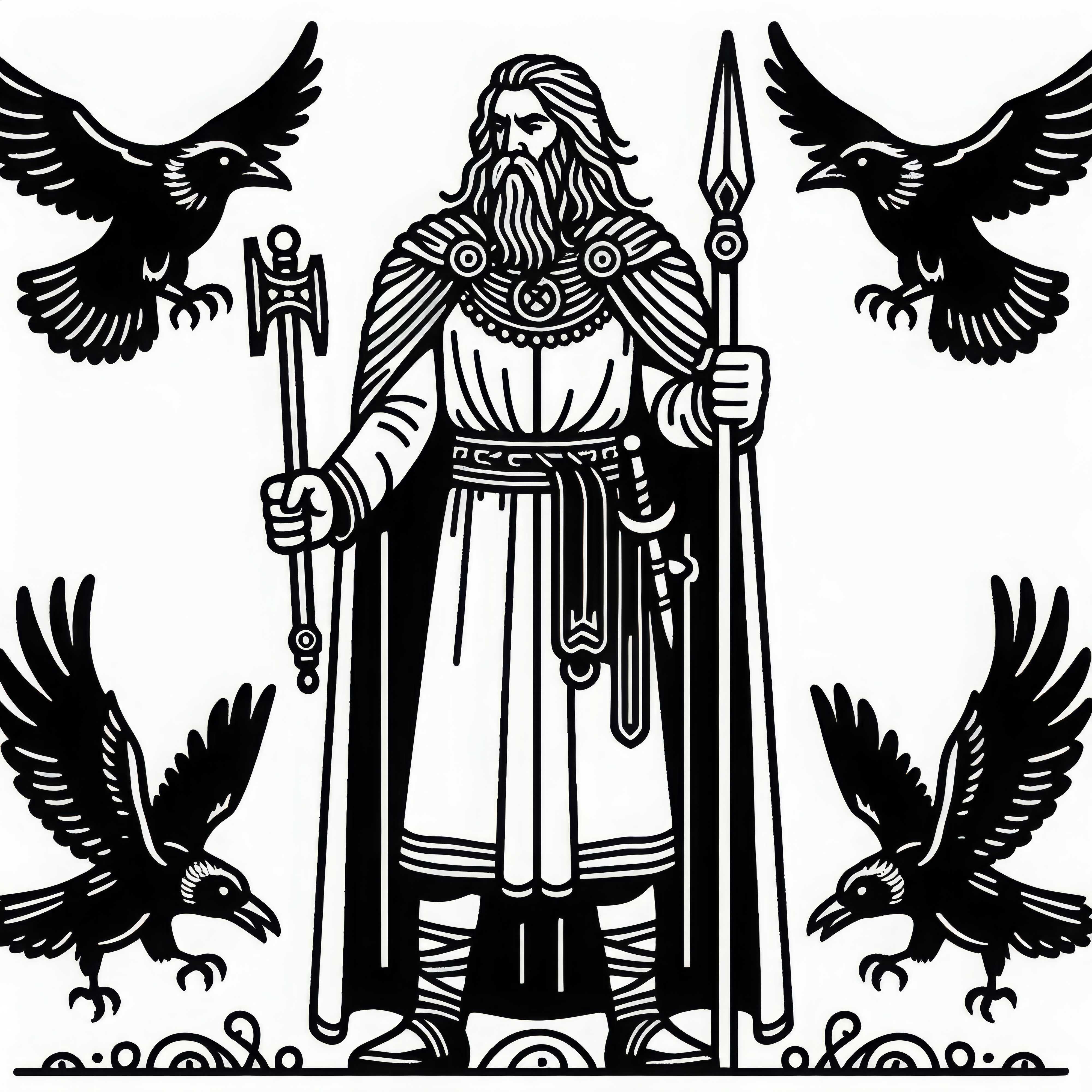 Odin con la lanza Gungnir y los cuervos Hugin y Munin - Dibujo para colorear sobre la mitología nórdica