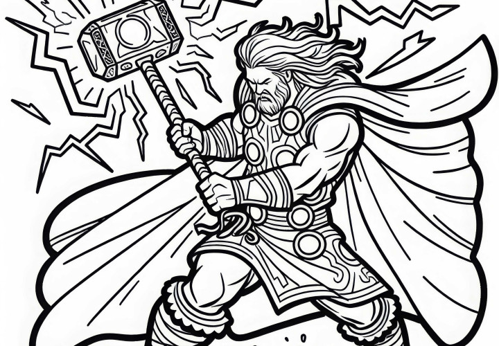 Thor con el martillo Mjölnir - Plantilla para colorear del mito nórdico de los relámpagos gratis