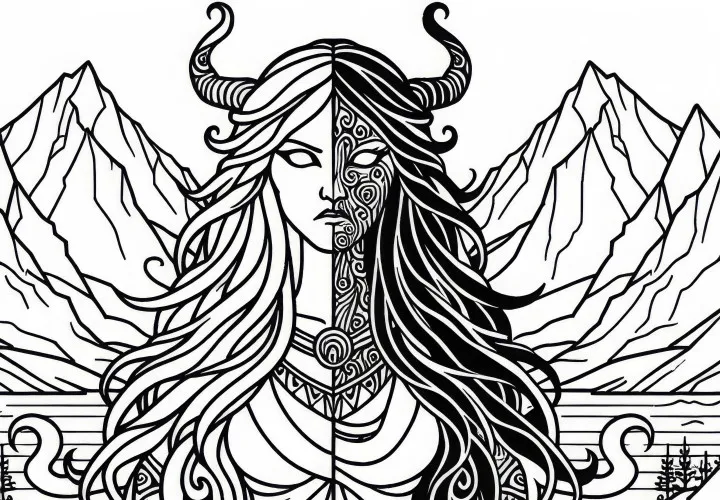 Хель, владычица подземного мира: Полуживая, полумертвая – раскраска по скандинавской мифологии