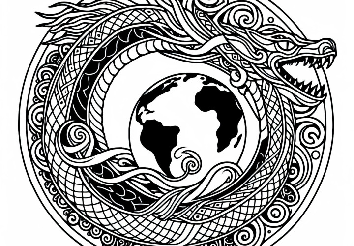 Jörmungandr – La serpiente mundial que rodea la Tierra: Plantilla para colorear de la mitología nórdica