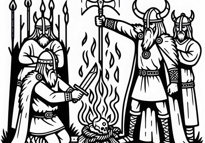 Vikingos que ofrecen sacrificios a Odín antes de la batalla - Plantilla para colorear de la mitología nórdica gratuita