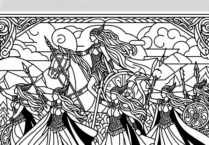 Valkyrias – llevar a los guerreros caídos a Valhalla: Imagen para colorear de la mitología nórdica