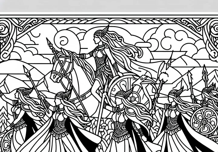 Валькирии – уводят павших воинов в Вальгаллу: Раскраска по скандинавской мифологии