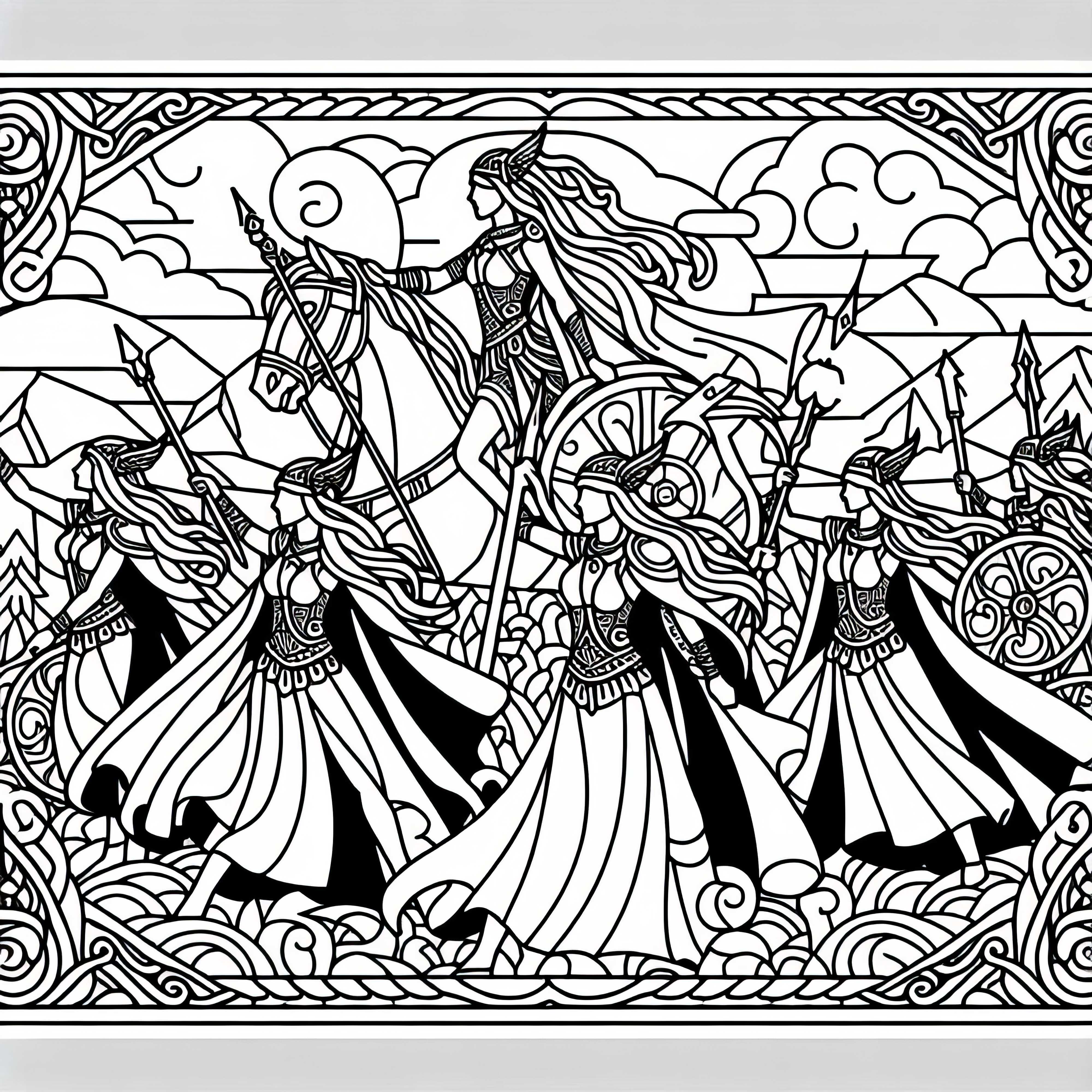 Valkirias – llevar a los guerreros caídos a Valhalla: Imagen para colorear de la mitología nórdica Valkirias - llevar a los guerreros caídos a Valhalla: Imagen para colorear de la mitología nórdica