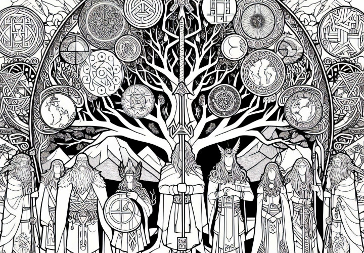 Yggdrasil, el árbol del mundo – Dibujo para colorear de la mitología nórdica gratis