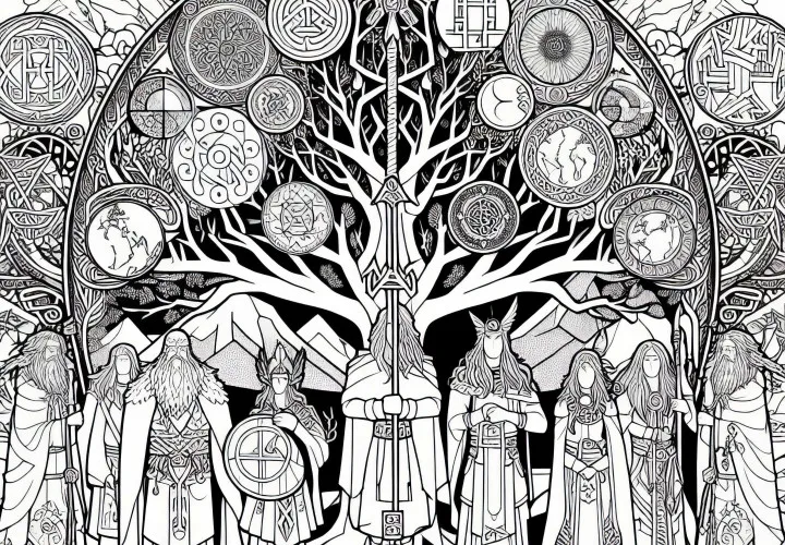 Иггдрасиль, Дерево Мира – шаблон для раскрашивания северной мифологии бесплатно