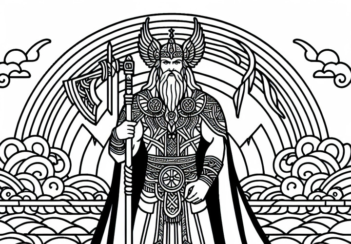 Heimdall – El guardián del puente arcoíris Bifröst – Plantilla para colorear de la mitología nórdica gratis