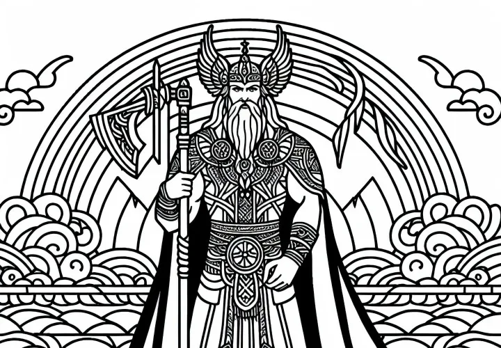 Хеймдалль - Страж Радужного моста Бифрёст - Раскраска по нордической мифологии бесплатно