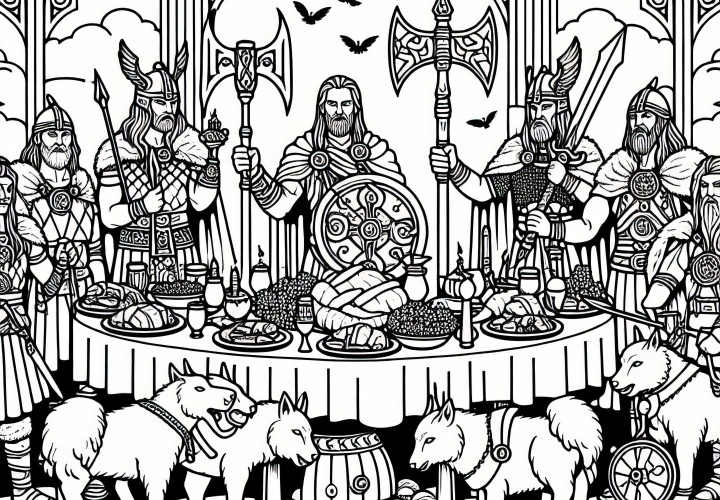 Escena de Valhalla con banquete y guerreros - Imagen para colorear mitología nórdica gratis