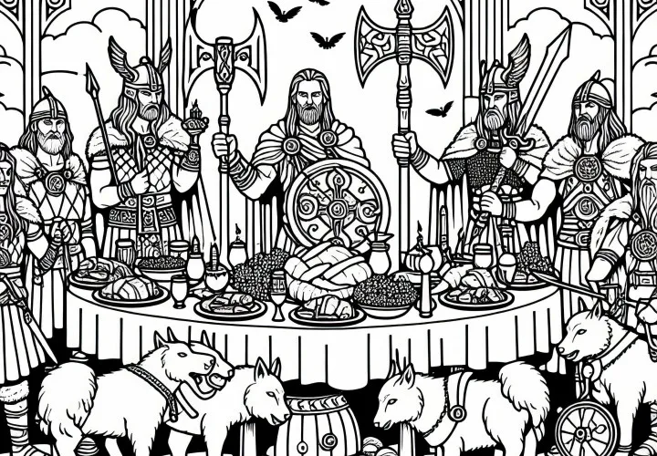 Сцена из Вальгаллы с пиршеством и воинами – раскраска Скандинавская мифология Бесплатно