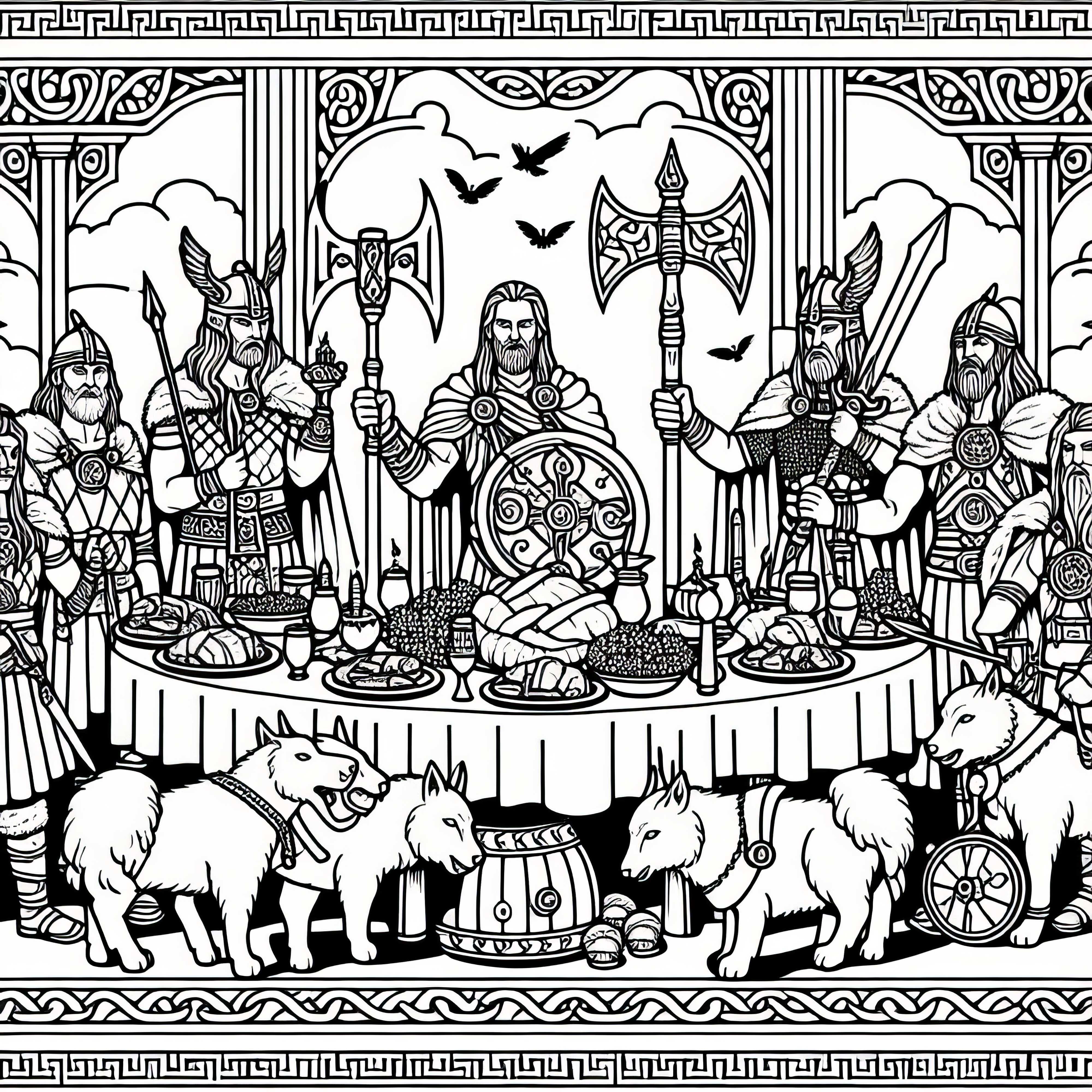 Escena de Valhalla con banquete y guerreros - Dibujo para colorear mitología nórdica gratuito Escena de Valhalla con banquete y guerreros - Dibujo para colorear mitología nórdica gratis