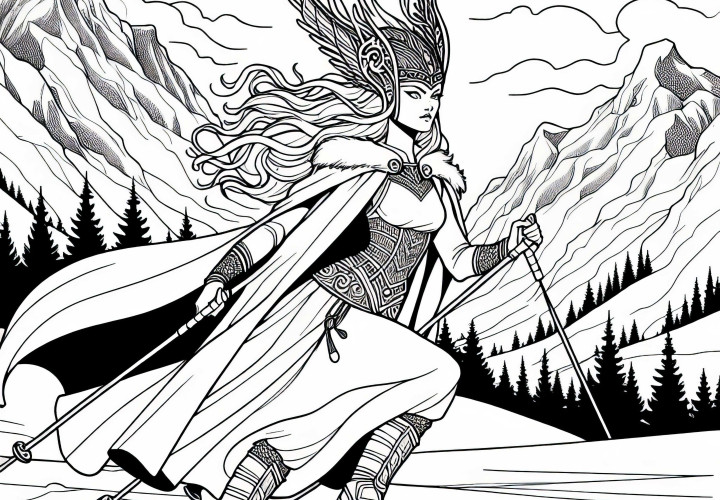 Skadi - La diosa de la caza en esquís en las montañas - Plantilla para colorear de mitología nórdica gratuita
