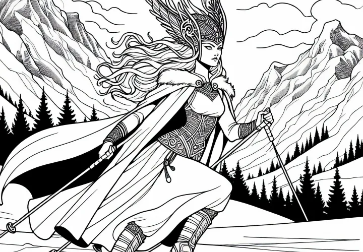 Скади – богиня охоты на лыжах в горах – раскраска nordische Mythologie бесплатно
