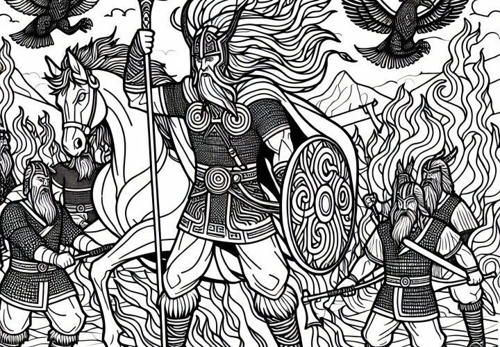 Ragnarok: El fin del mundo con dioses luchadores y gigantes de fuego - Plantilla para colorear mitología nórdica gratuita