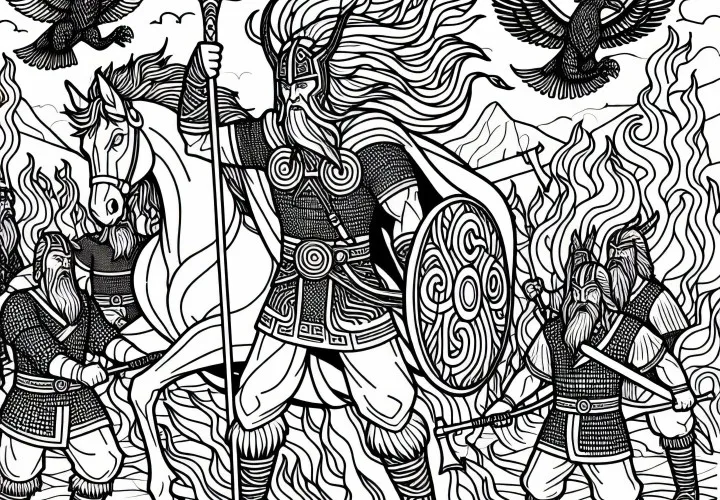 Рагнарёк: Конец света с сражающимися богами и огненными великанами – Бесплатная раскраска северной мифологии